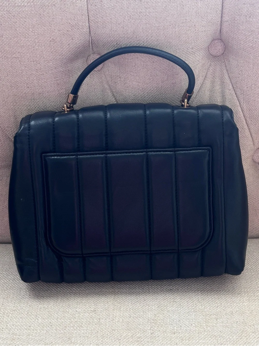 Tory Burch Kira Small Black Leather Single Top Handle Quilted Satchel Handbag